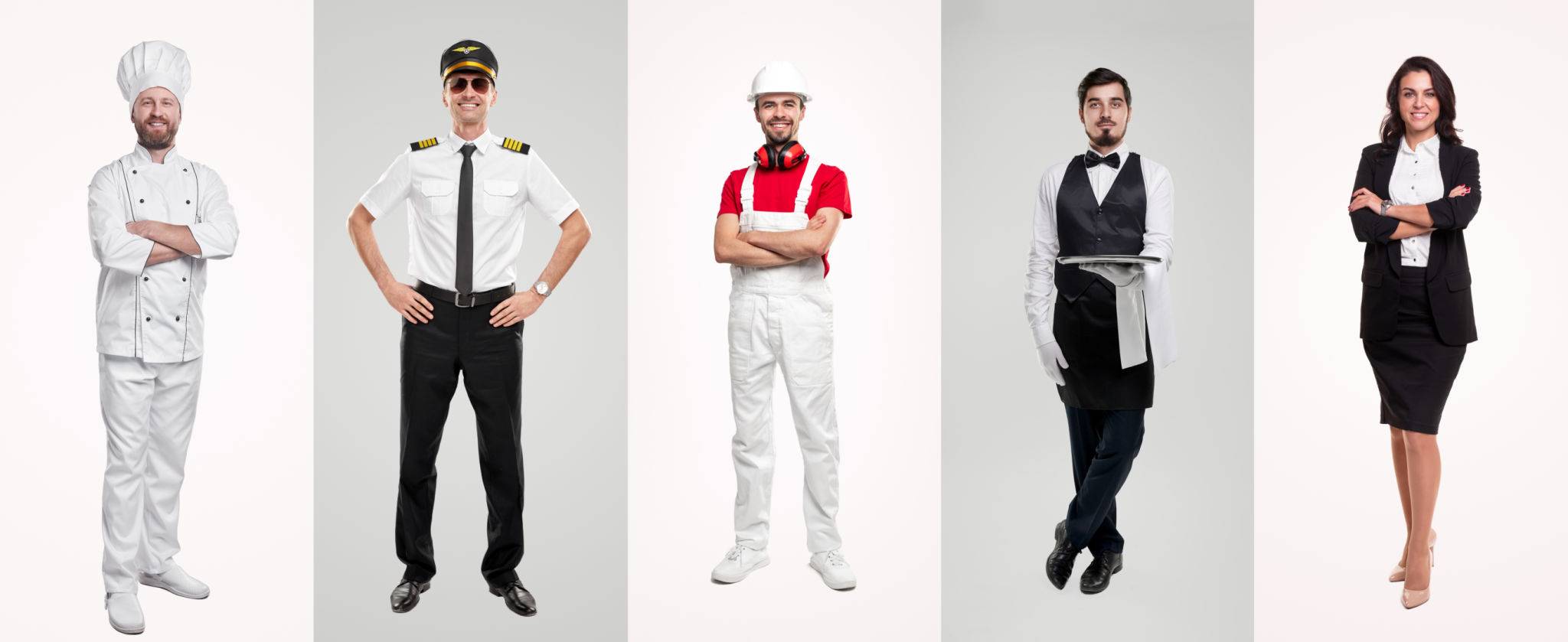 colaboradores vestindo uniformes de várias áreas